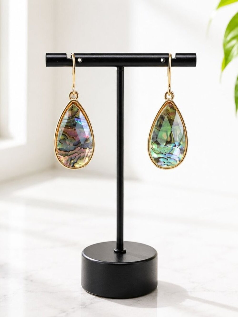 Gold Tone Teardrop Abalone Shell Drop Earrings With Leverback Closures